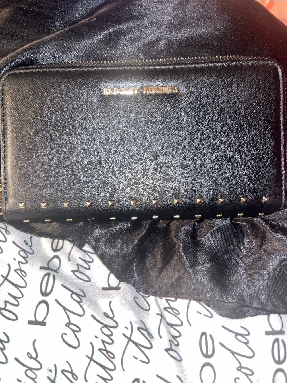 Badgley Mischka Black Leather Studded Zip Wallet with Gold Logo